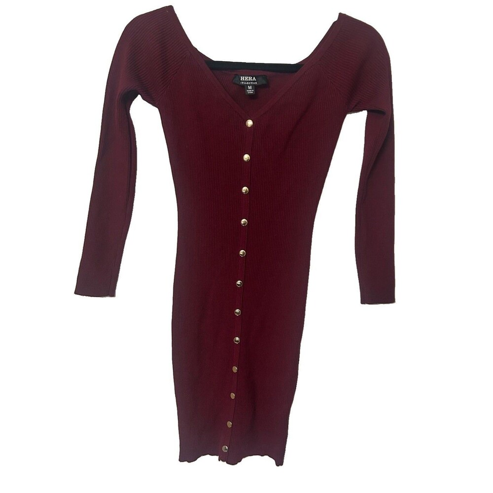 Hera Collection Women M Plum Bodycon Ribbed Knit Gold Button Mini V Neck